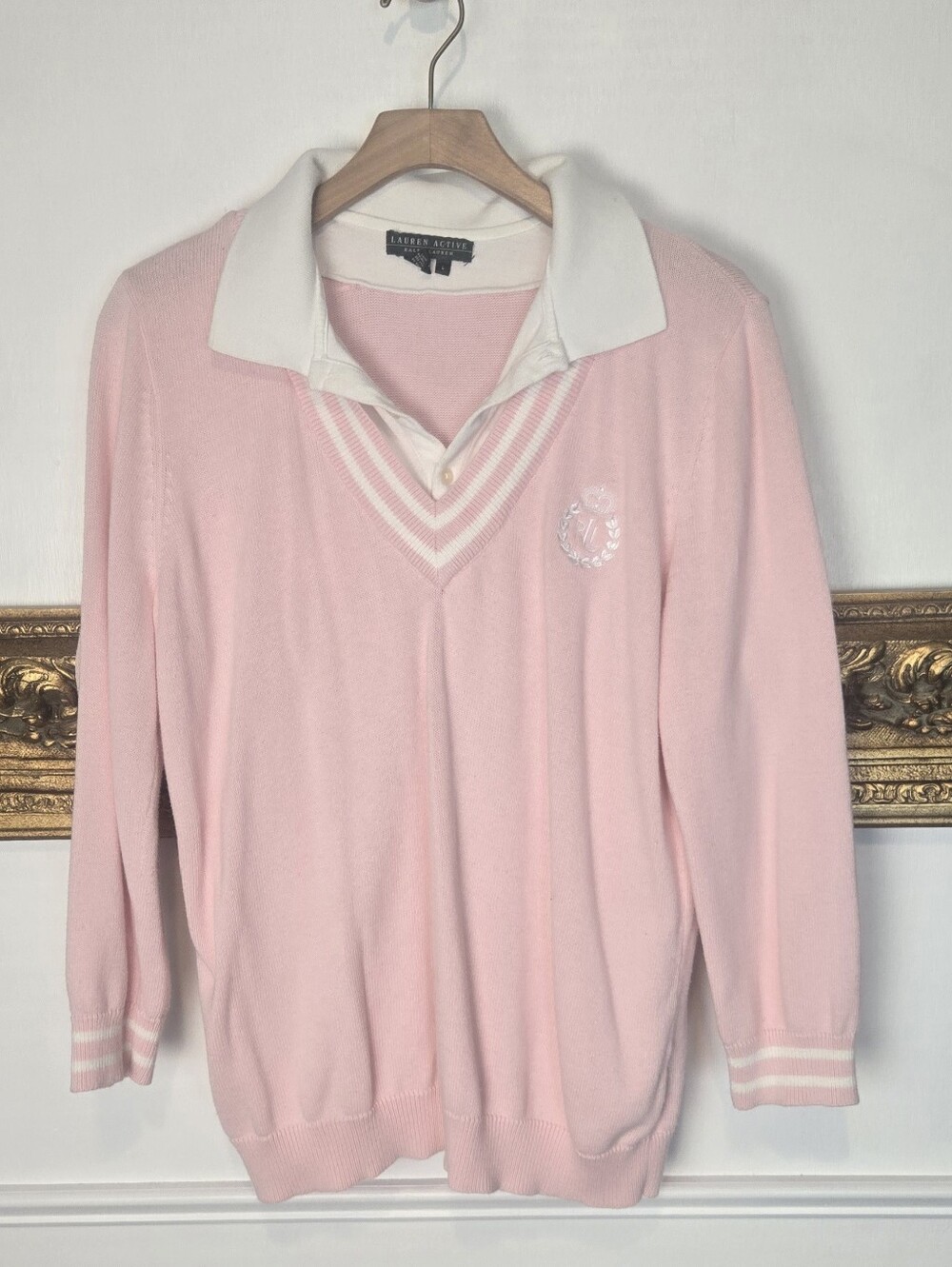 Ralph Lauren Logo Preppy 100% Cotton Pink Collared V-Neck Sweater Size Large